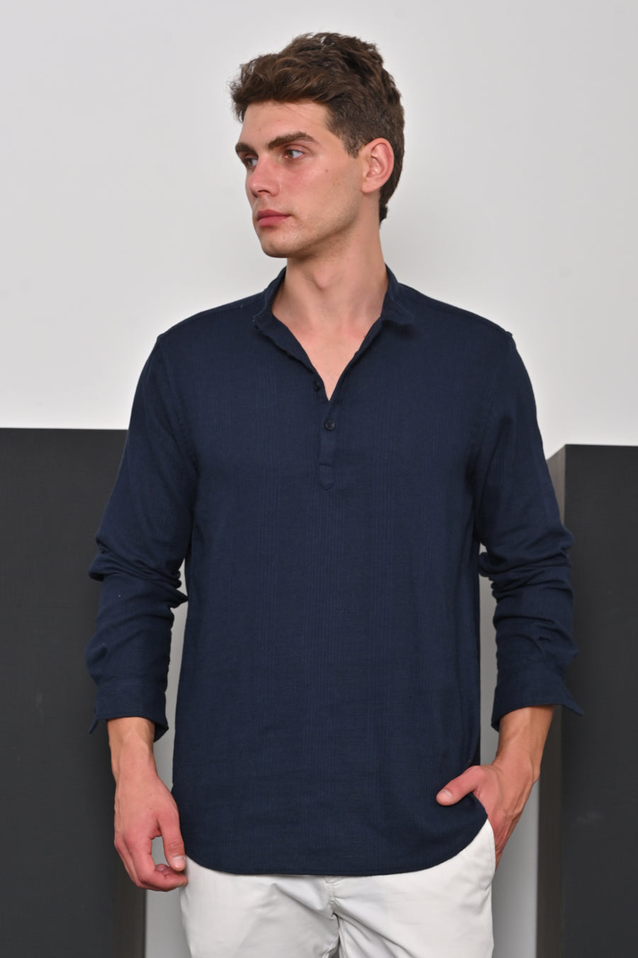 Ruby - Textured Solid Kurta Shirt - Navy