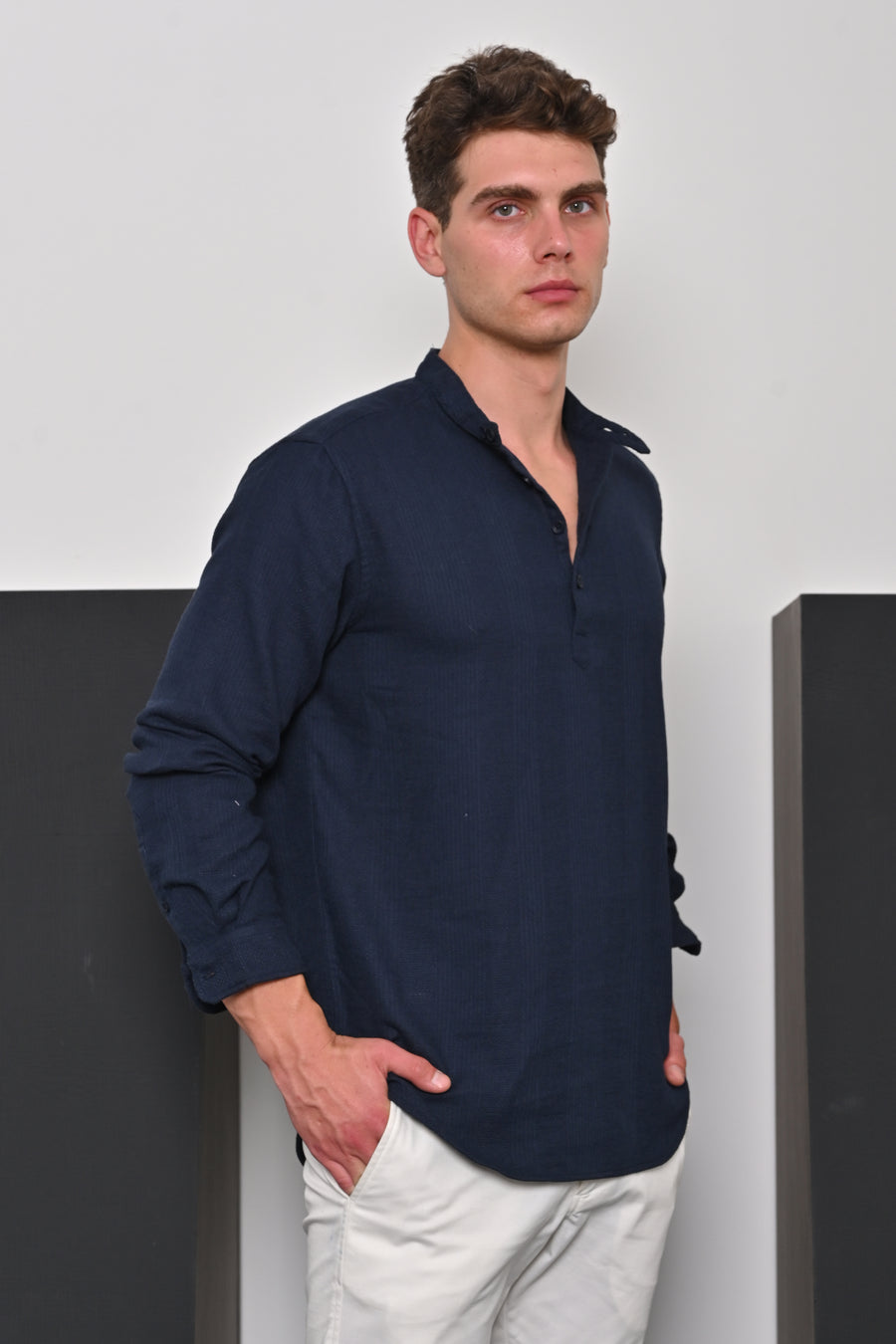 Ruby - Textured Solid Kurta Shirt - Navy