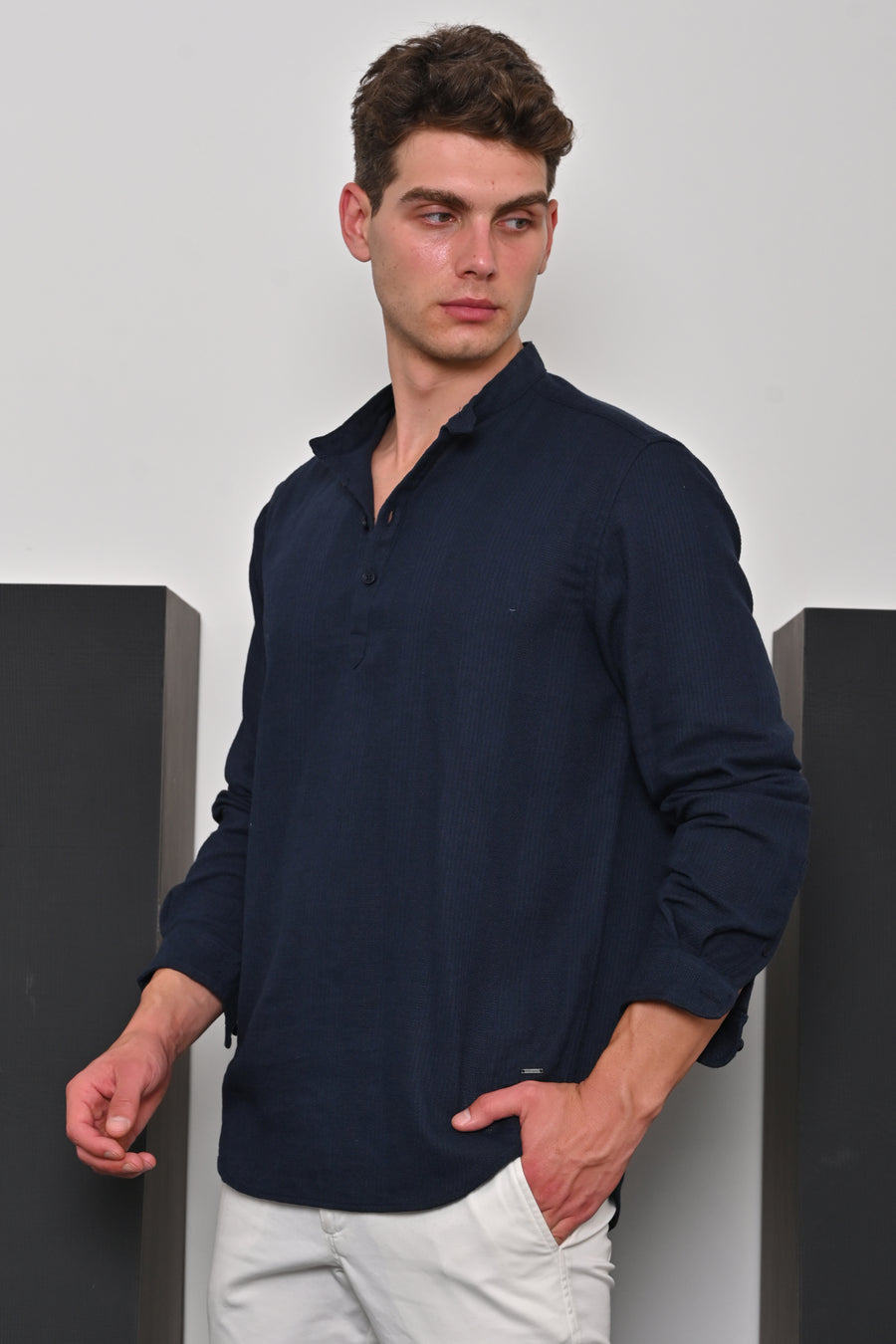 Ruby - Textured Solid Kurta Shirt - Navy