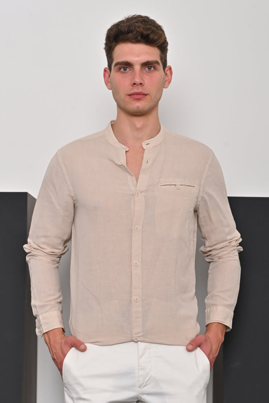 Treasure - Pure Linen Solid Shirt - Beige