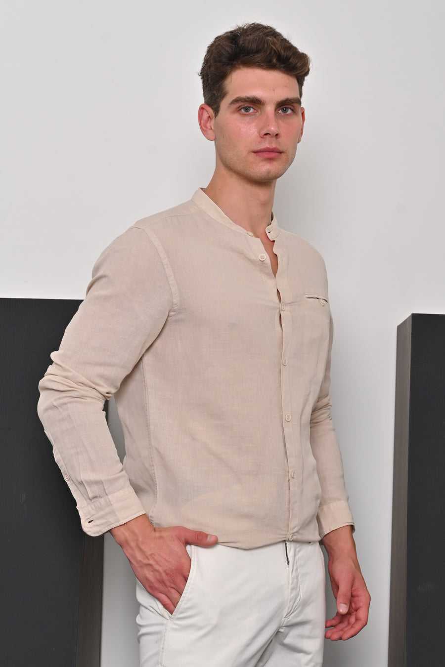 Treasure - Pure Linen Solid Shirt - Beige