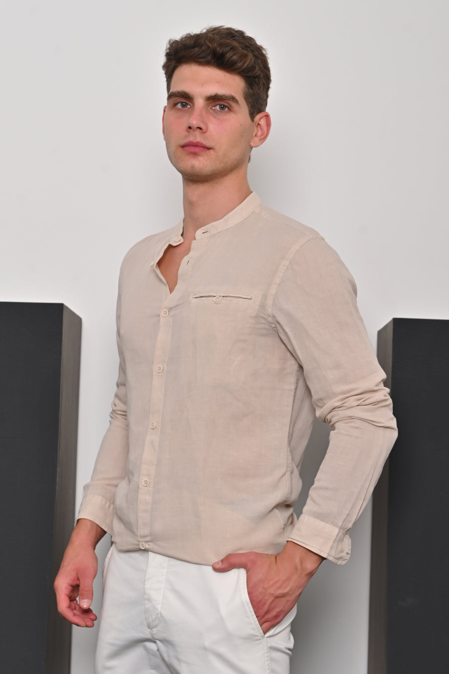 Treasure - Pure Linen Solid Shirt - Beige