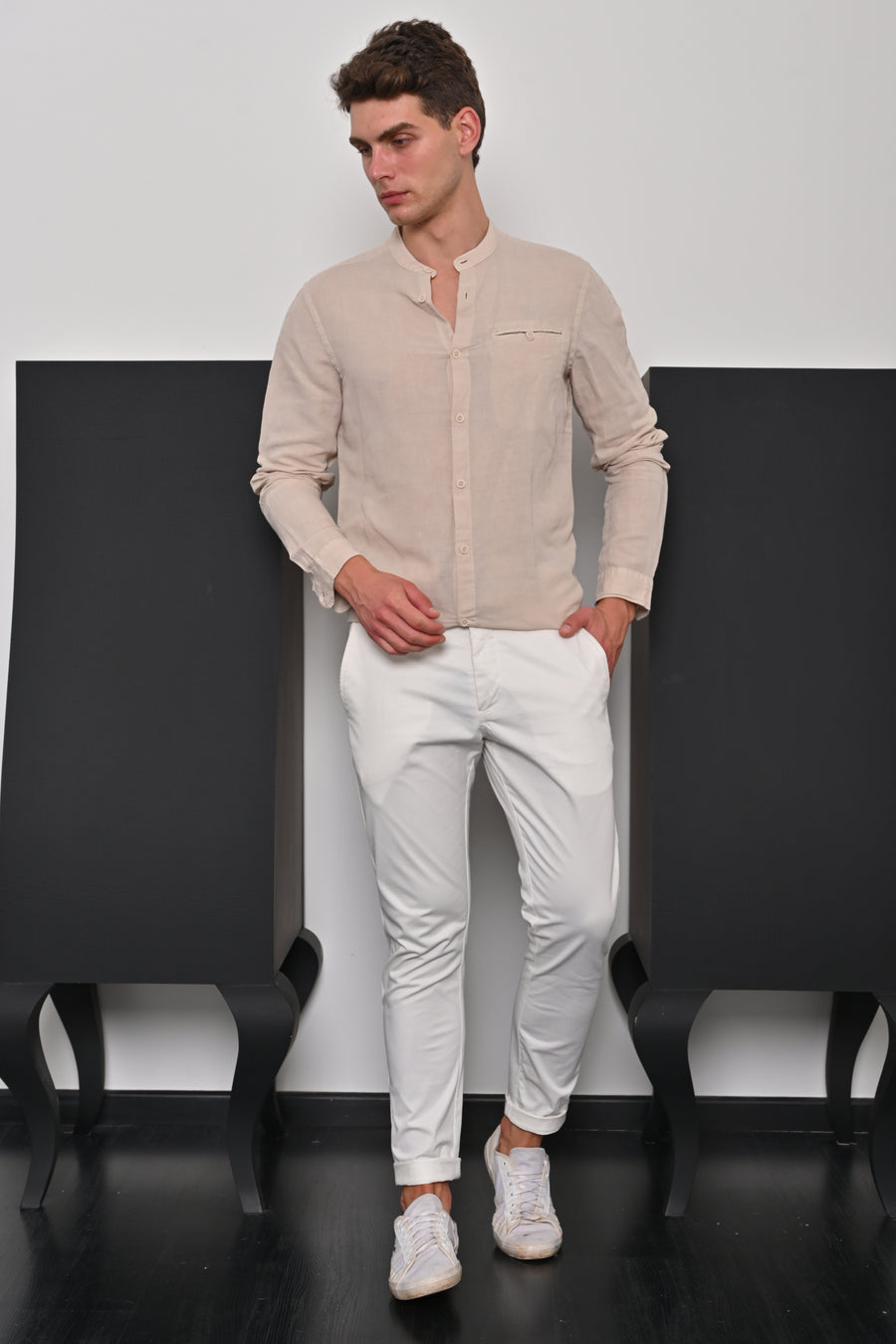 Treasure - Pure Linen Solid Shirt - Beige