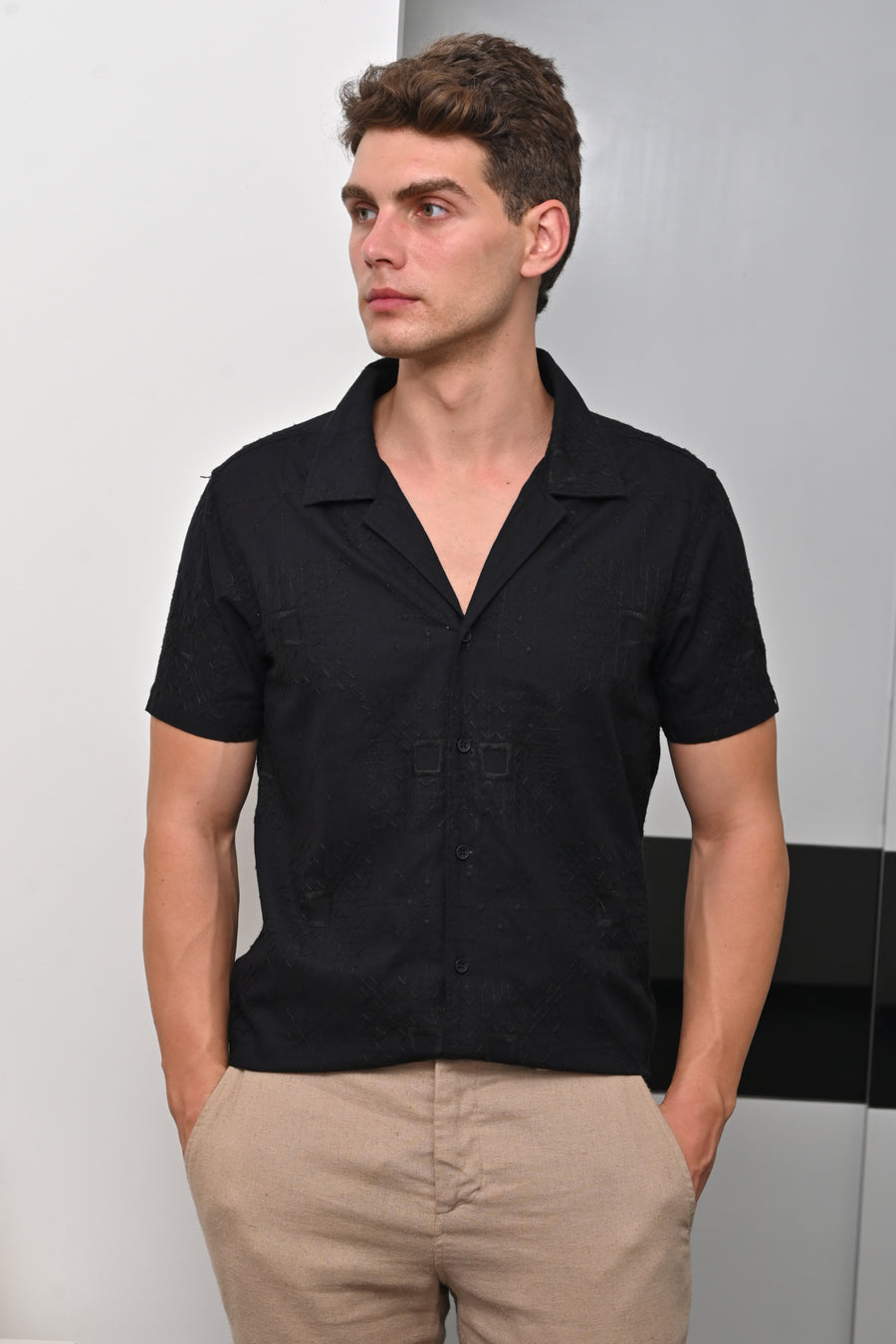 Greek - Cotton Linen Embroidered Shirt - Black