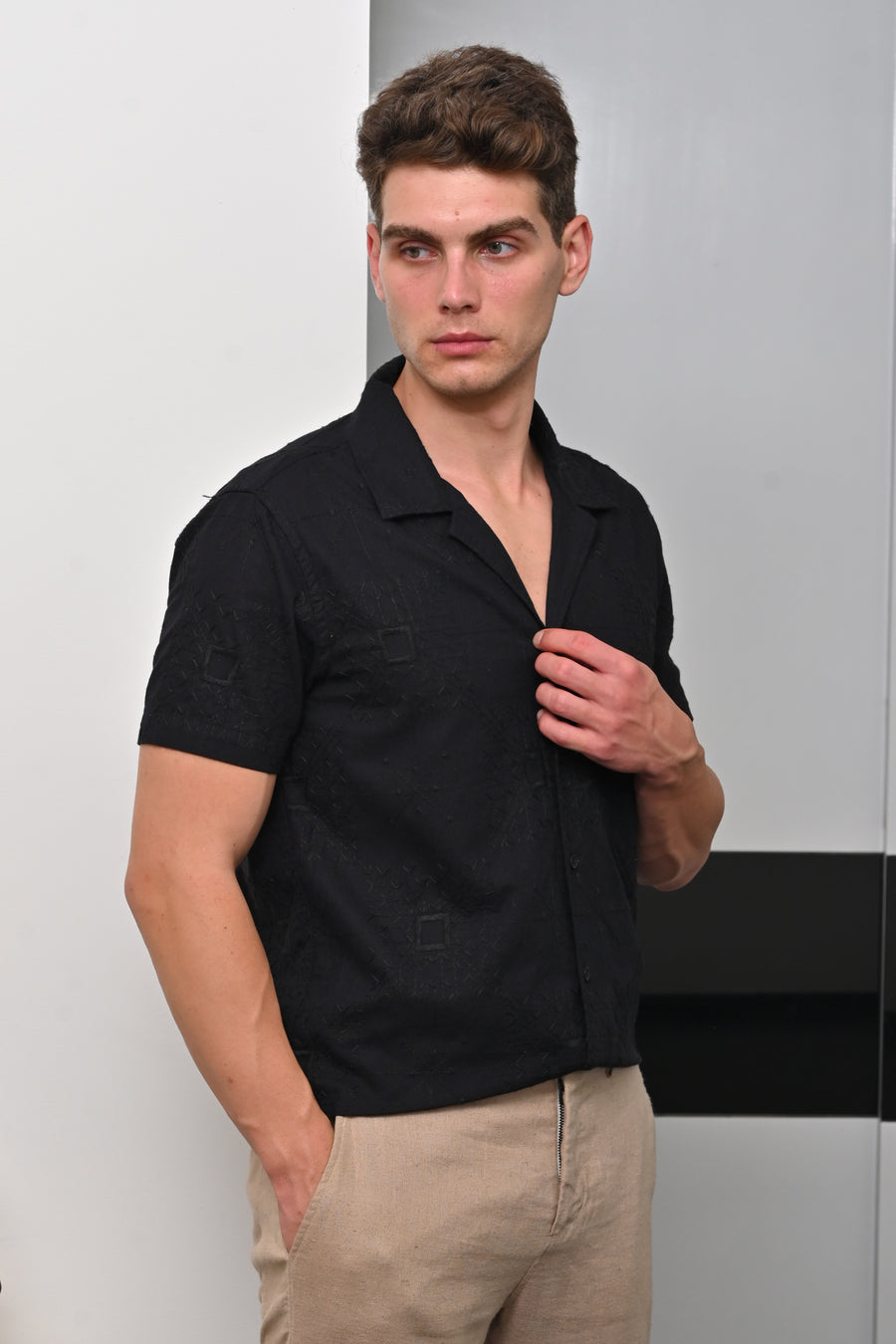 Greek - Cotton Linen Embroidered Shirt - Black