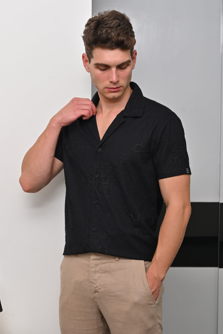 Greek - Cotton Linen Embroidered Shirt - Black