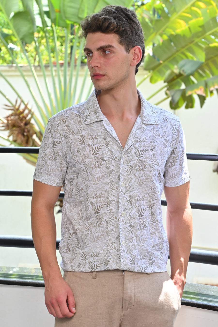 Baron - Cotton Linen Printed Shirt - Beige