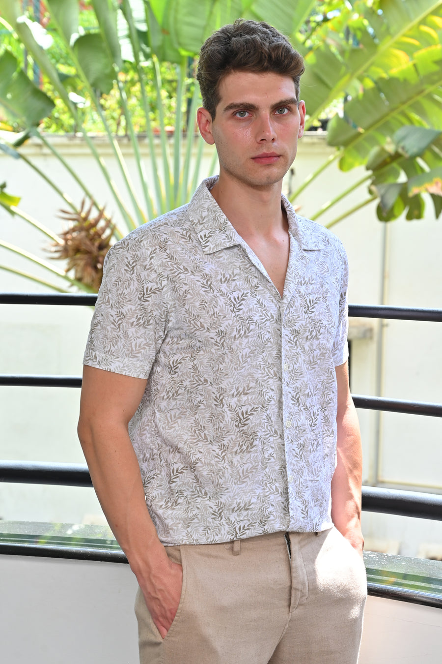 Baron - Cotton Linen Printed Shirt - Beige