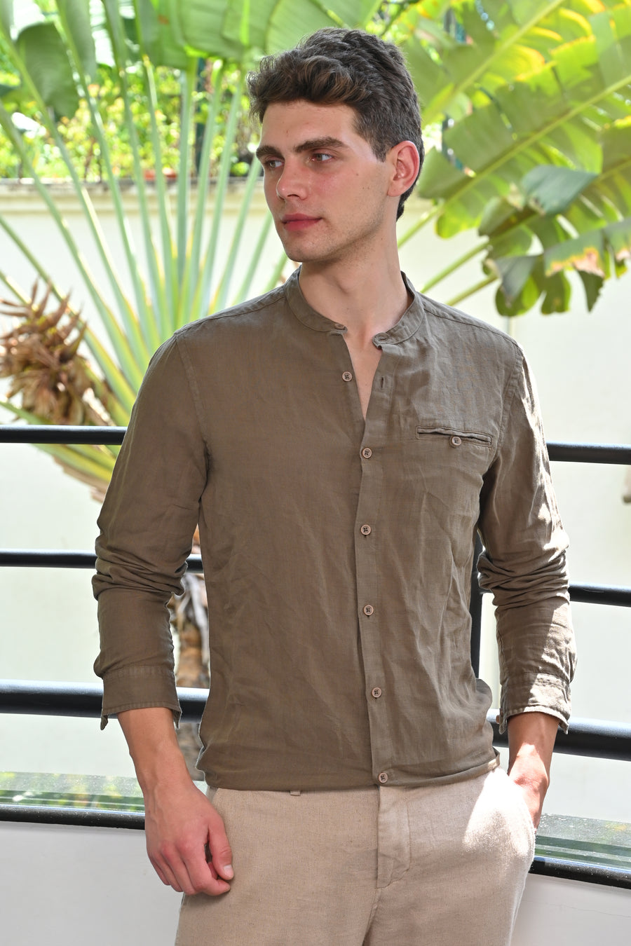 Treasure - Pure Linen Solid Shirt - Olive